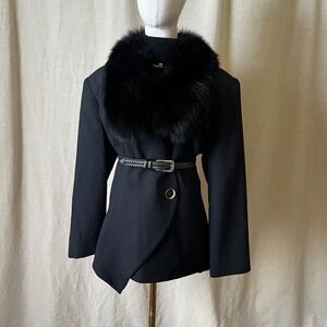 Vintage Lily & Taylor Black Wool Jacket Finland Fox Fur Collar Size 14